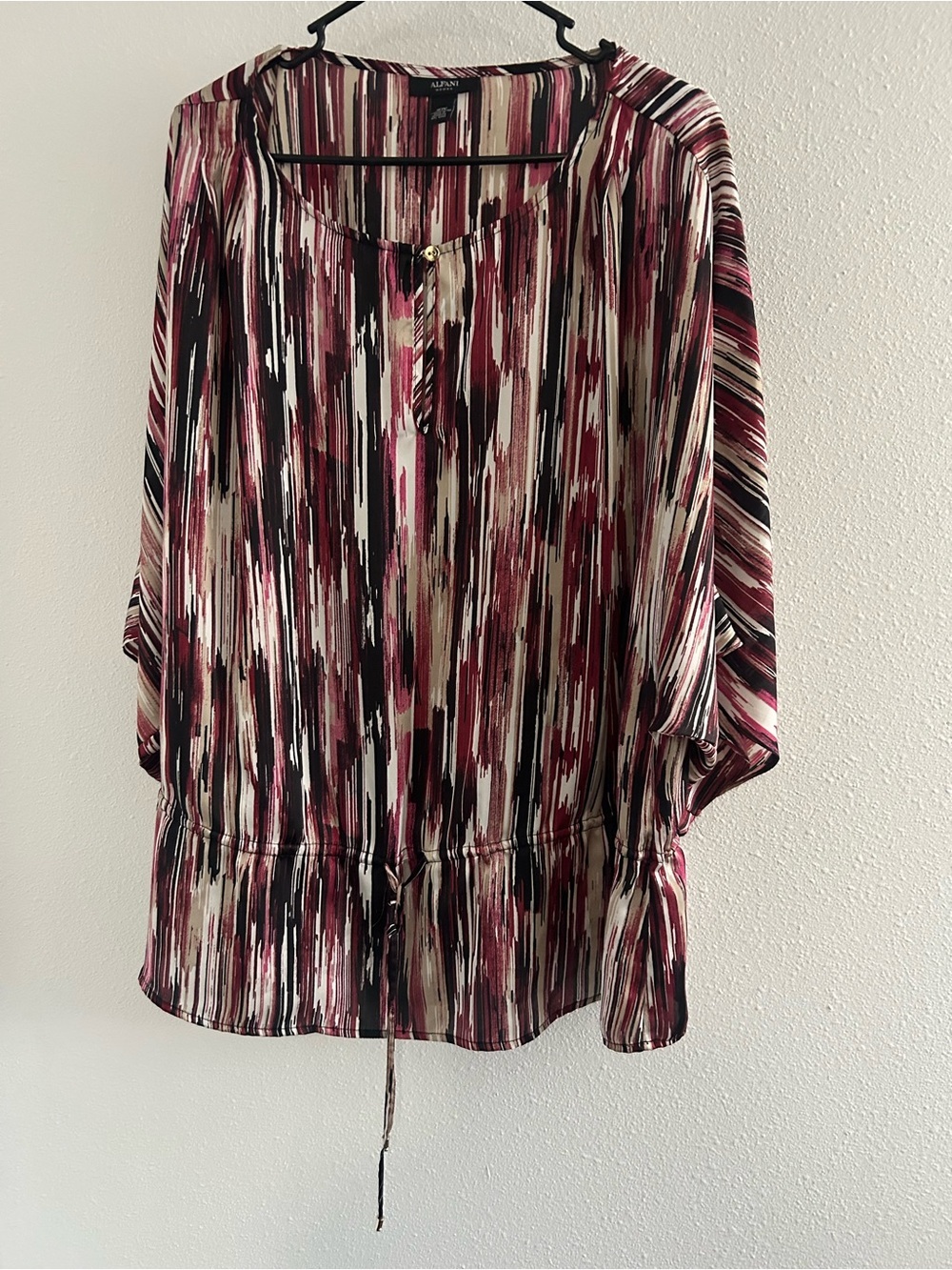 Alfani Burgundy, Black & Cream Striped Drawstring Blouse